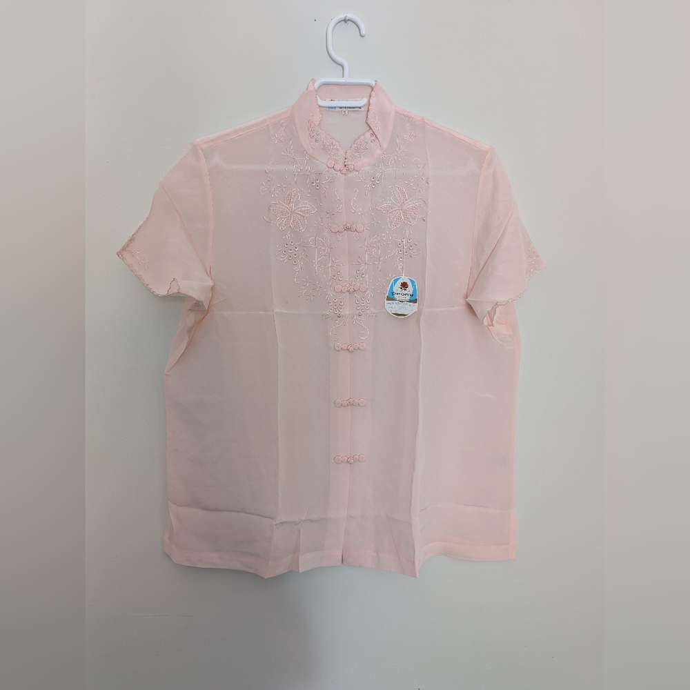 Vintage Peony 100% Silk Hand Embroidered Chinese Blouse – XL – Pink